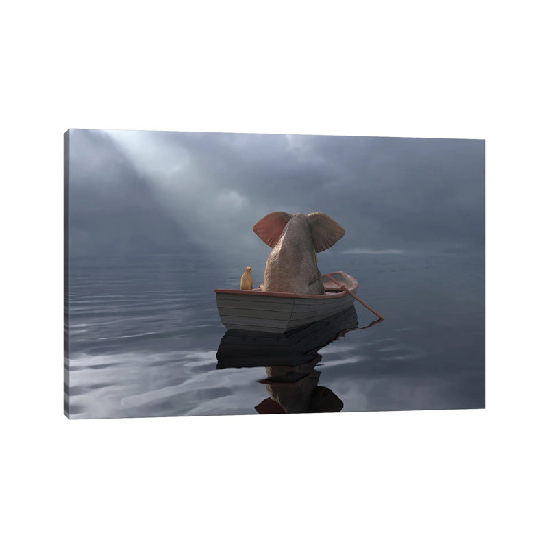 «An Elephant and a Dog Float in a Boat After the Rain» par Mike Kyiv - Reproduction de photo sur toile encadrée, Toile tendue