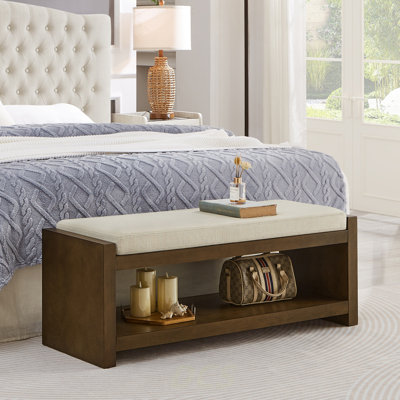 47" Accent Bench With Lower Shelf Shoe Rack, Padded Seating Bench For Living Room, Modern Compact Bed End Bench With Storage For Bedroom Seating, Removable Cushion, 47"W- Beige, Shoe Storage