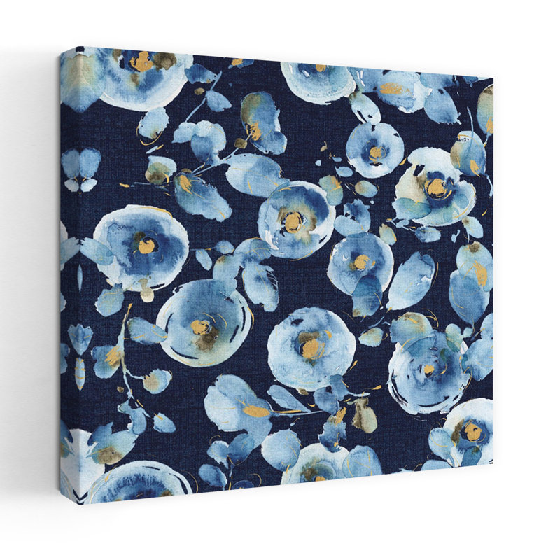 Indigold contemporain avec fleur indigo et art bleu-brun, H 18 po x l 18 po