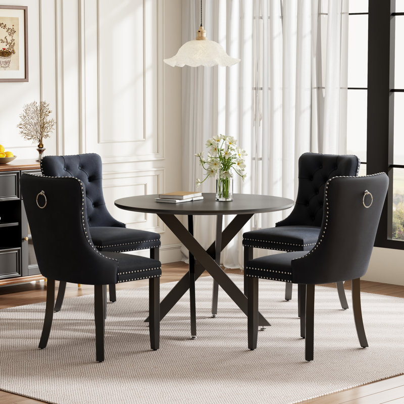 Round Wood Dining Set with Tufted Dining Chair, Black, 5, Black