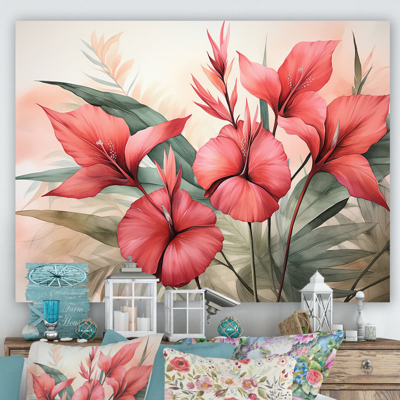 Plantes tropicales corail rétro - Fuschia, Toile tendue, H 24 po x l 32 po x P 1 po