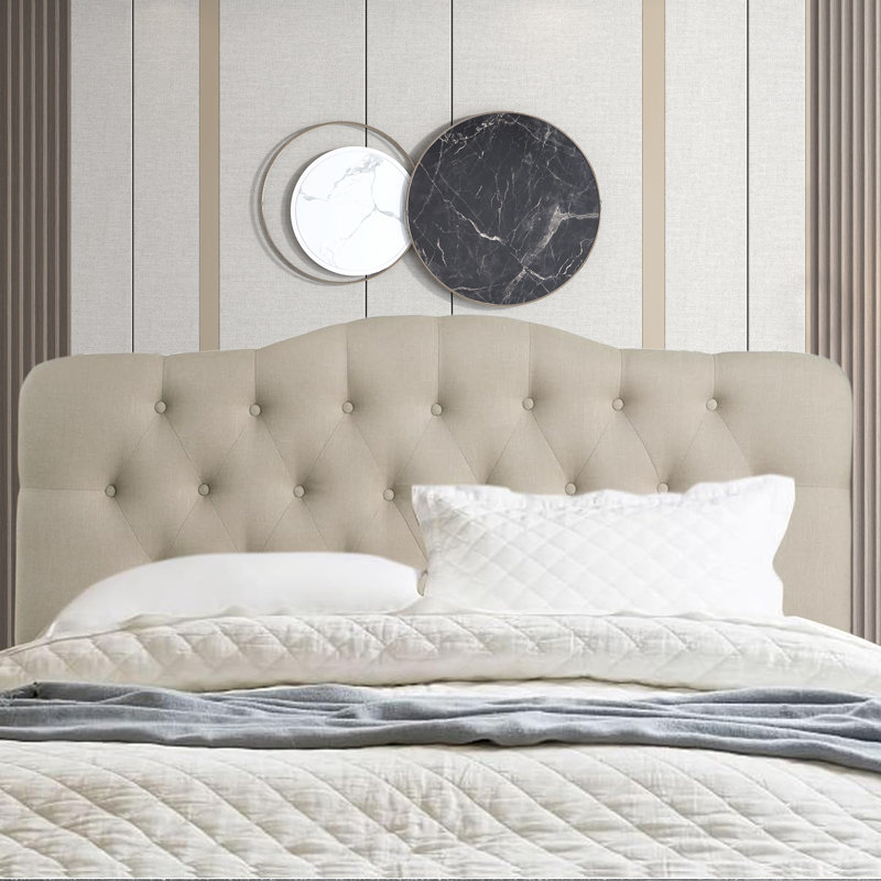 Linen Upholstered Headboard-Modern-Adjustable Height-Button Tufting, Beige, King