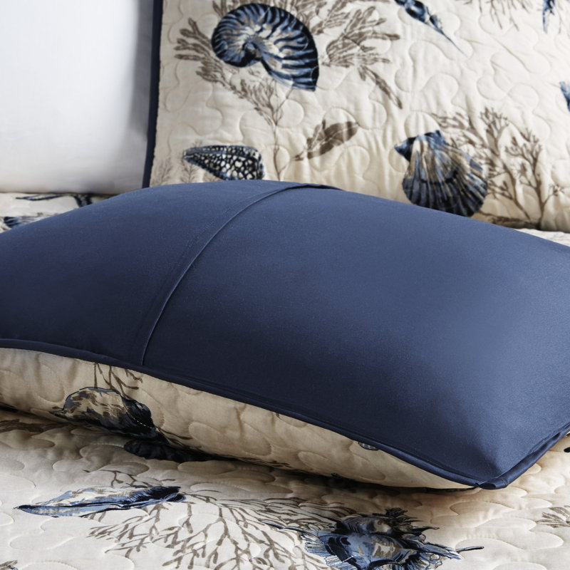 Courtepointe réversible en microfibre, bleu, avec motifs corail, coquillage bleu marine / taupe