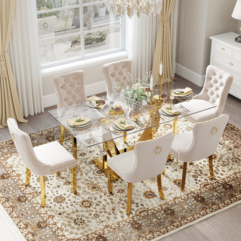 Kazandra 6 - Person Pedestal Dining Set, 30"H x 63"L x 35.4"W, Beige, Gold
