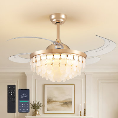 48'' Boho Fandelier Ceiling Fan with Light, Gold with Capiz Shell Retractable Blades Chandelier Fan for Bedroom Living Room