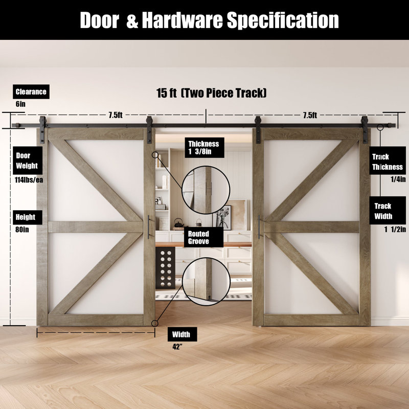 Portes de grange non assemblées et finies en verre avec motif de flèche double 80 po Homacer Classic Grey, 42 po x 80 po