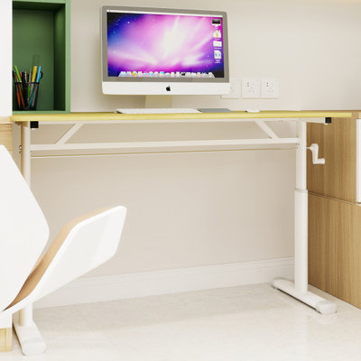 Hand - Height Adjustable Desk For And Adults, Multi Functional Home Office, Simple Design, White Legs, Wood Colored Desktop, Double Column Structure Purpose Compact With & Manual Adjustment, Support,
