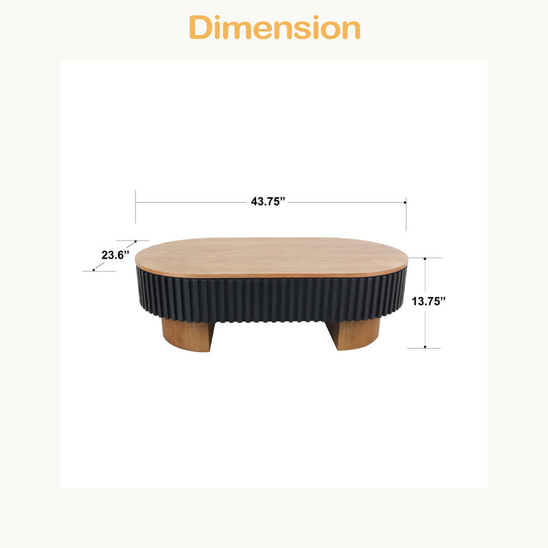 Table basse de salon elliptique de 43,7 po avec rangement caché et plateau de table amovible, table basse moderne en placage de bois massif