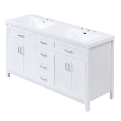 Meuble-lavabo double lavabo de 150 cm avec dessus de lavabo en résine, poignées en métal argenté, portes et tiroirs à fermeture amortie, 4 tiroirs centraux et 2 armoires à double porte.