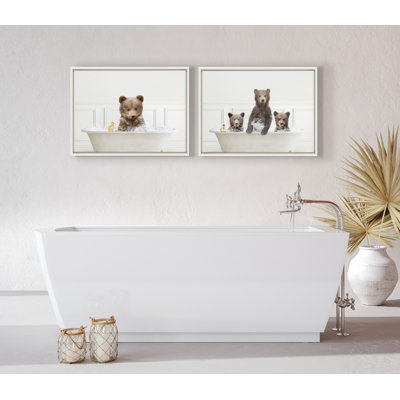 Bear Cub In Bubble Bath Neutral Style by Amy Peterson Framed Canvas Wall Art Print