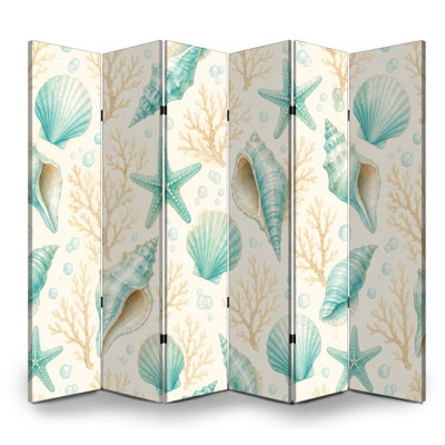 6 Panels Folding Screen Room Divider Royal Seashell Starfish Coral Bubbles Beige Canvas Screen Room Separator Freestanding Protective Wall Divider Privacy Partition for Bathroom