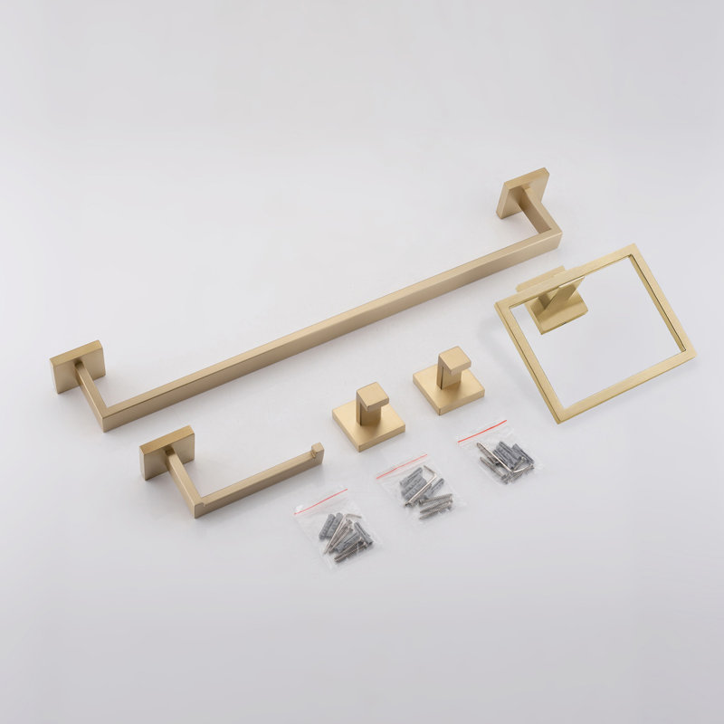 5-Piece SUS304 Bathroom Set: Towel Bar + Ring + Hooks + TP Holder, Brushed Finish, Gold