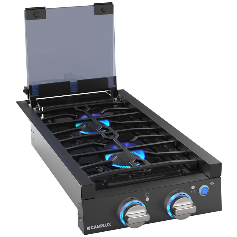 Plaque de cuisson pour camping-car de 13 000 BTU avec 2 brûleurs et cuisinière au propane avec couvercle en verre trempé CAMPLUX
