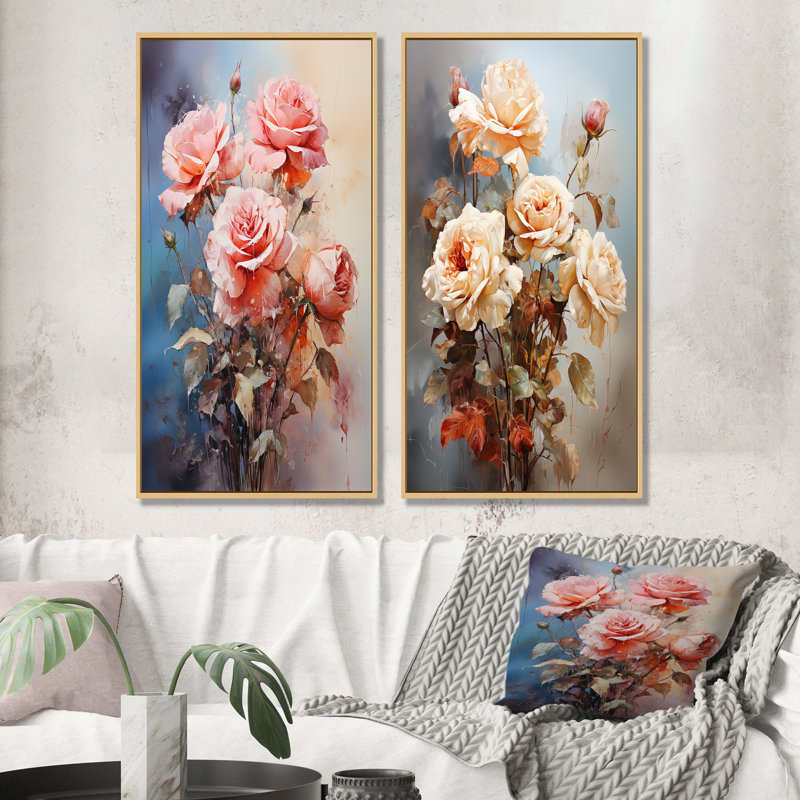 Harmonous Rose Bouquet - Roses, ensemble de 2 reproductions d'art mural, Cadre flottant brun, H 40 po x l 41 po