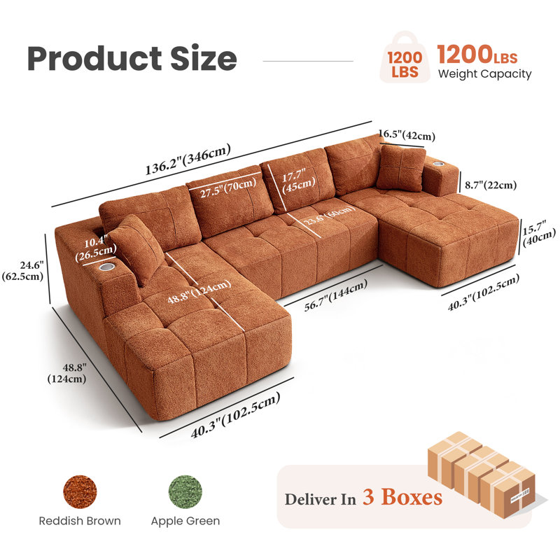 Canapé modulaire capitonné en U de 136 po Boneless, 3 pièces, Velours côtelé orange