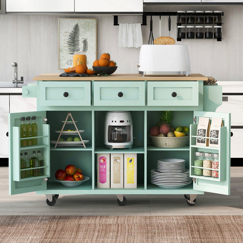 Kitchen Cart With Rubber Wood Drop-Leaf Countertop ,Cabinet Door Internal Storage Racks,Kitchen Island On 5 Wheels With Storage Cabinet And 3 Drawers For Dinning Room