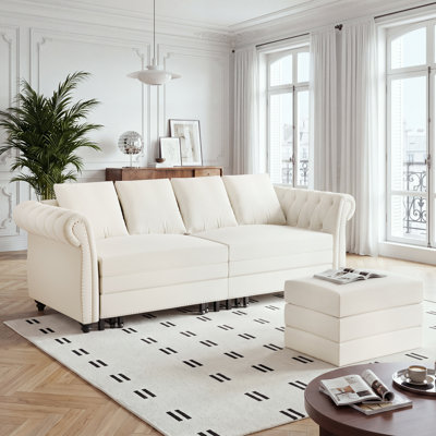 Canapé-lit Chesterfield de 90 po en velours avec très grand lit, canapé-lit convertible avec 4 coussins, beige