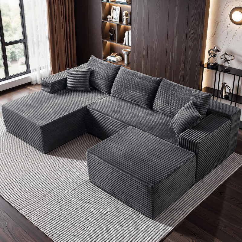 Canapé modulaire en forme de U 108 po avec méridienne grise et velours côtelé, Gris, Chaise en U en forme de U