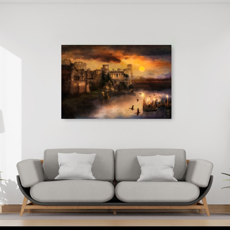 Château brumeux au coucher du soleil : une œuvre d'art murale abstraite et onirique représentant un oiseau et une architecture au coucher du soleil.