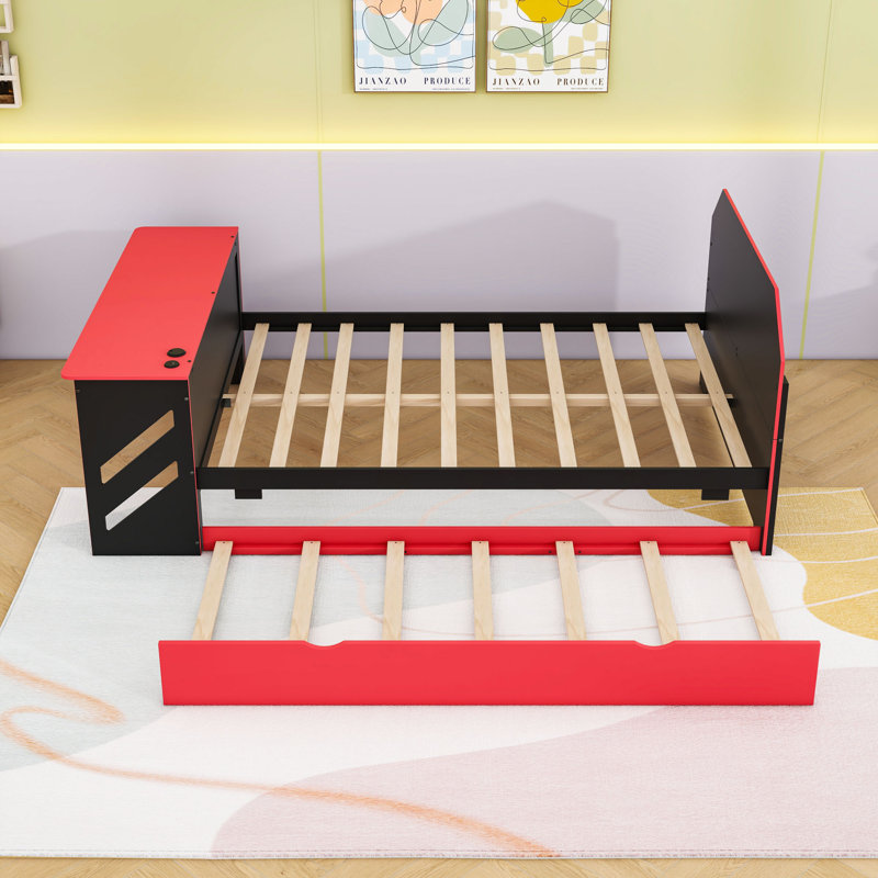 Lit de jour double avec lit gigogne simple et bureau USB, Rouge