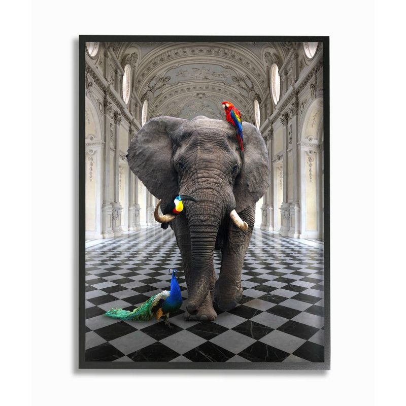 Éléphant et oiseaux tropicaux, conception de l'architecture classique par Daphne Polselli - impression d'art graphique