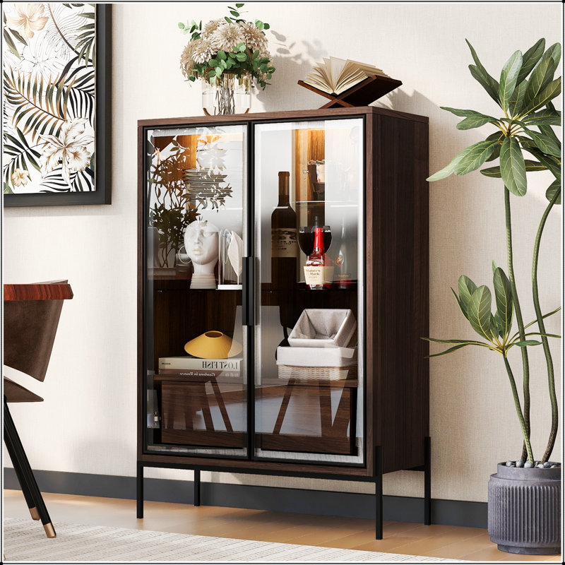 51.2'' Tall Lighted Display Cabinet With Tempered Glass, Metal Legs, LED Lighting, Modern Minimalist Style For Living Room, Office, Study, Walnut Finish
