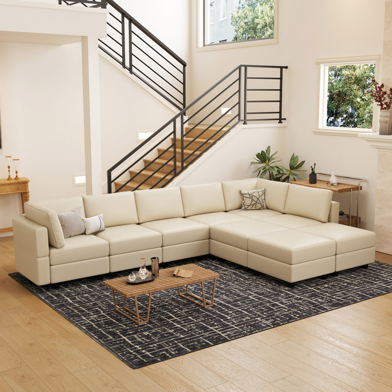 Wylodene 9-Piece Reversible Modular and Standard Velvet Sectional with Storage, Beige Faux Leather
