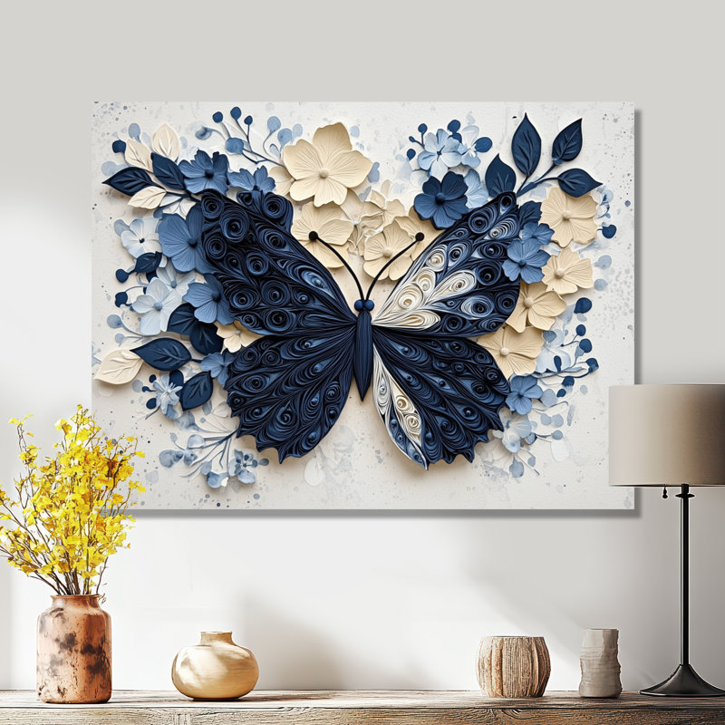 Papillon bleu et blanc en fleur - salon d'art mural papillon, Toile tendue, Ne s’applique pas, H 24 po x l 32 po