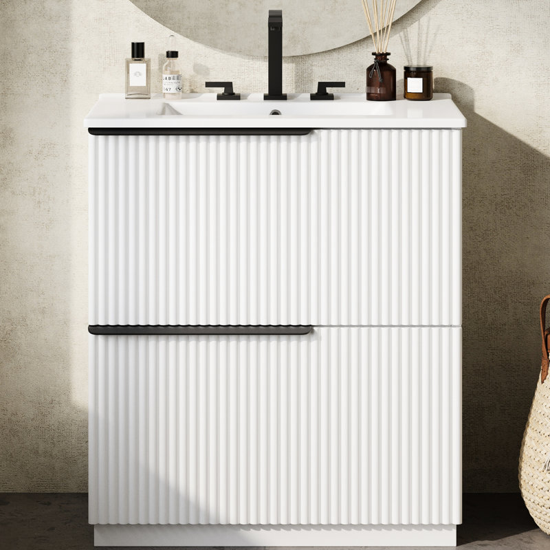 Chevonne 30" Bathroom Vanity Featuring Smooth Extension Drawers, Soft Close Undermount Slides, And Fluted Design For A Modern Organized Setup 30-Inch With Ceramic Sink, Drawer Practical Stylish