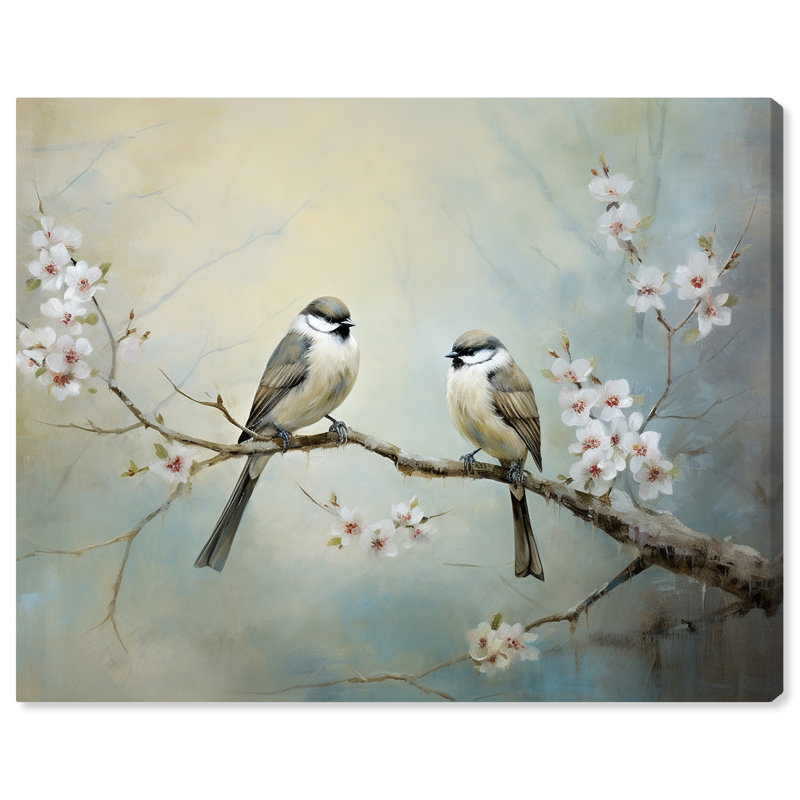 "Deux oiseaux et une branche de fleur II" par Art Remedy, Toile tendue, H 30 po x l 36 po