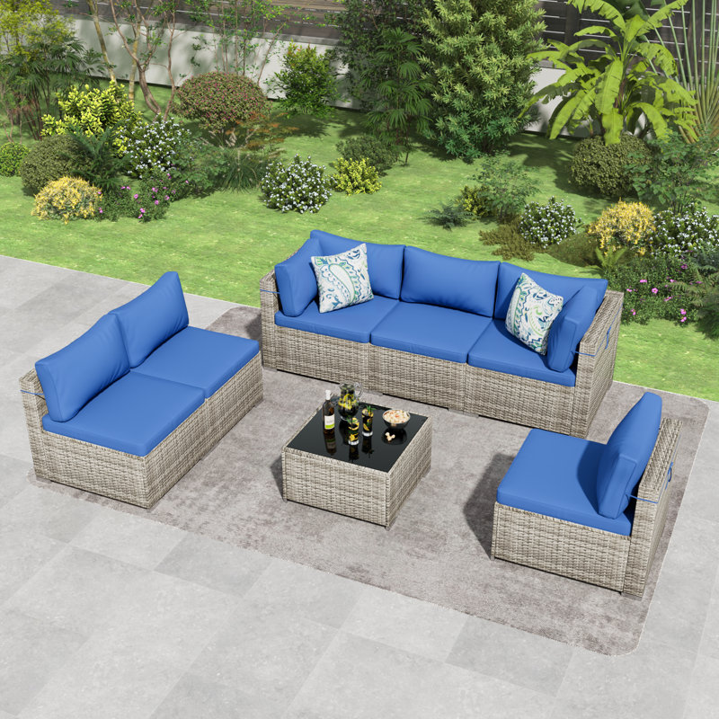 Ensemble de conversation modulaire avec coussins 7 pièces Jovontae, Bleu, Gris