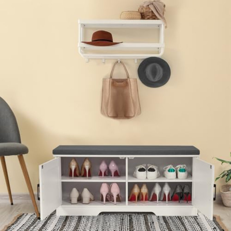Banc de rangement à 2 niveaux, banc à chaussures de 39,4 po de largeur avec coussin de siège rembourré, banc d'entrée avec 2 portes de grange et tablette réglable, blanc