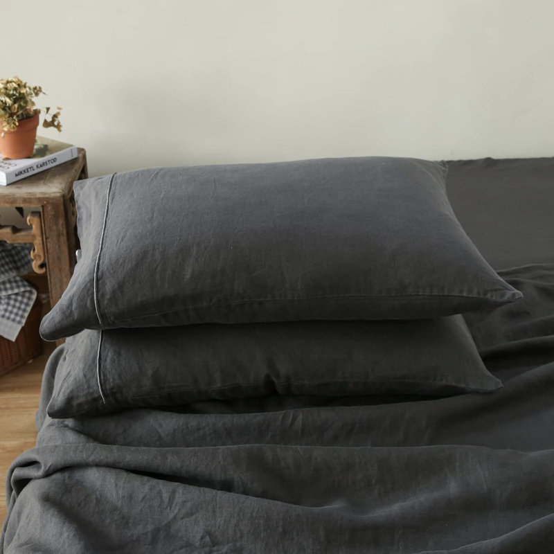 Ensemble de taie d'oreiller 100% lin français avec 2 taies d'oreiller de couleur unie délavées, Taie d'oreiller très grande