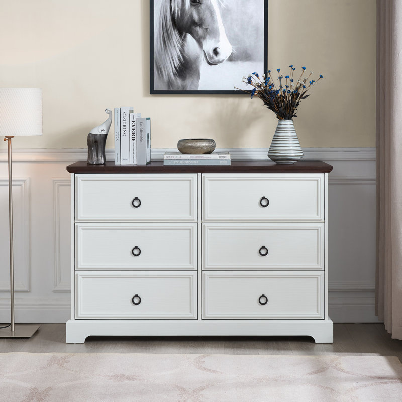 Commode 6 tiroirs Farmhouse, White/Brown