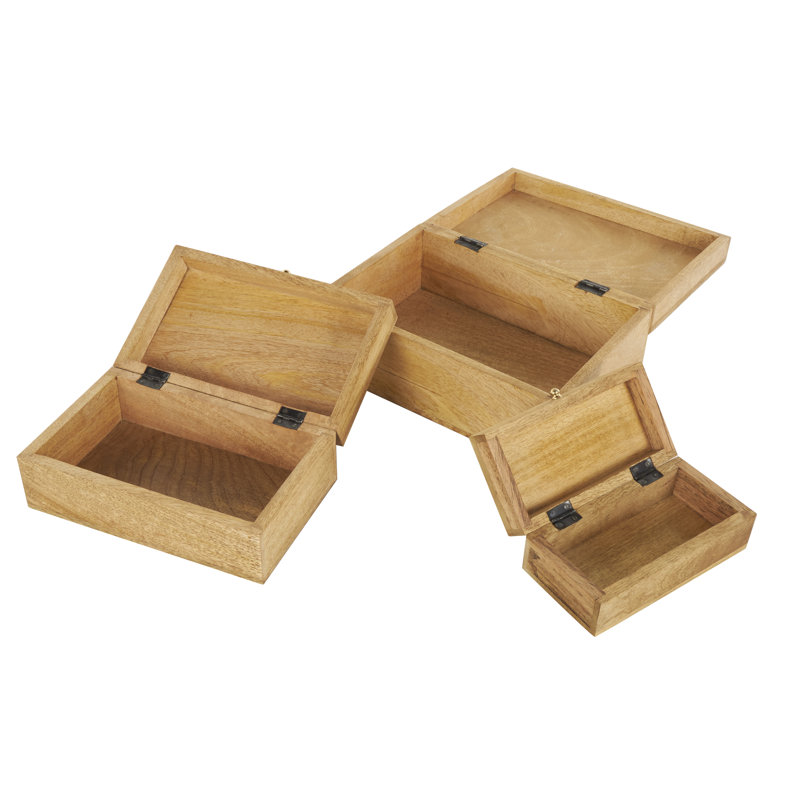 Chrysoula Mango Wood Handmade Whitewashed Storage Scroll Decorative Brown Box with Gold Accents Set