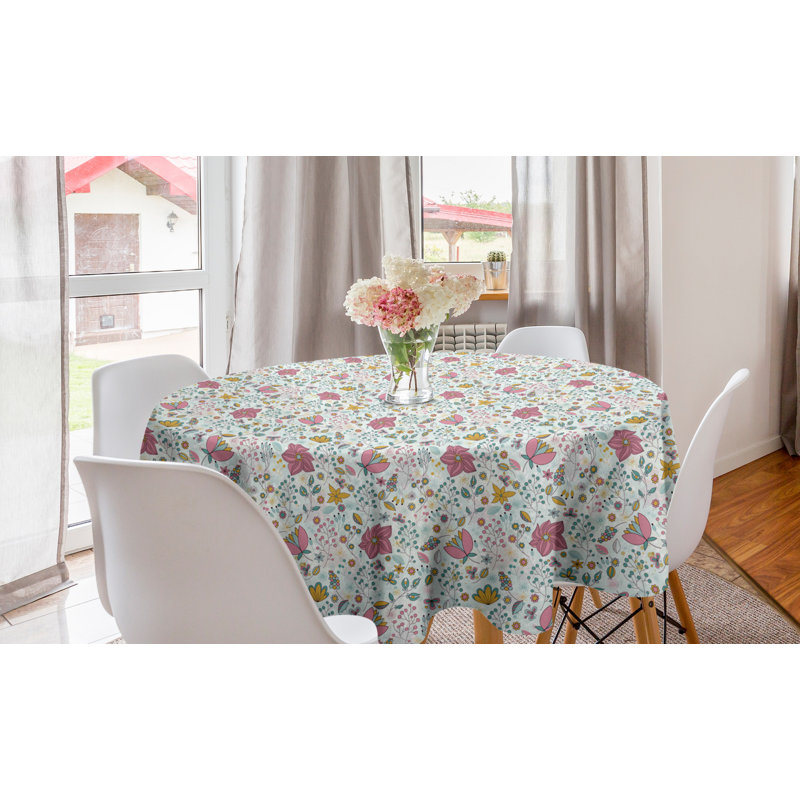 Ambesonne Floral Round Tablecloth, Pointed Petals Flowers Detailed Ornaments, Circle Table Cloth Cover For Dining Room Kitchen Decoration, 60", Pink Multicolor