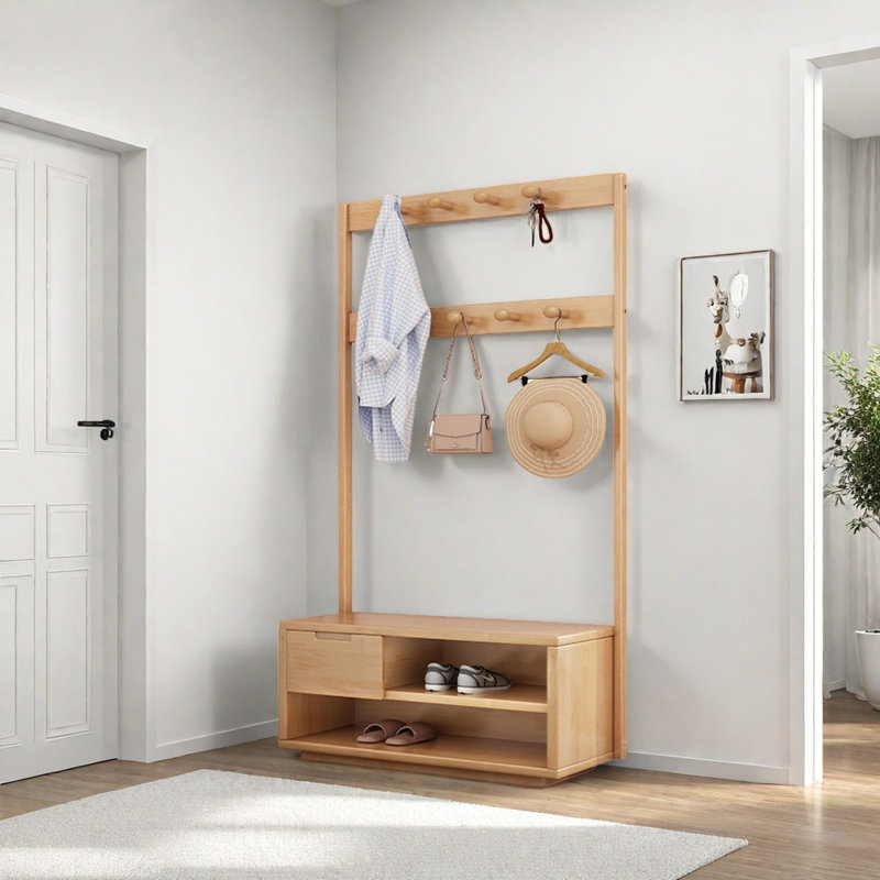 Multi-Hook Coat Rack with Storage Drawers, Burlywood
