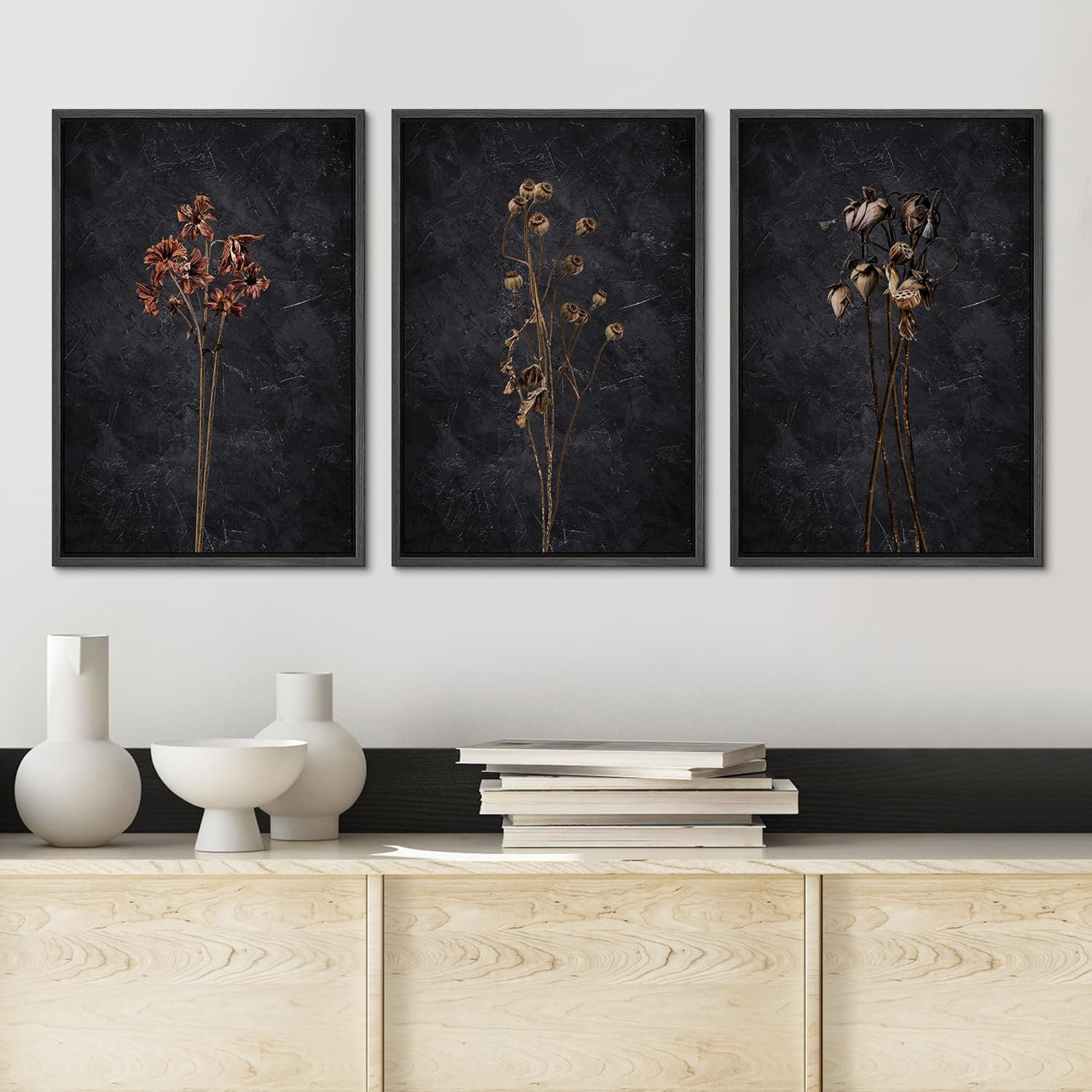 IDEA4WALL Dark Moody Wildflowers Vintage Retro Floral Botanical Framed On Canvas 3 Pieces Print Wall Decor & Reviews | Wayfair