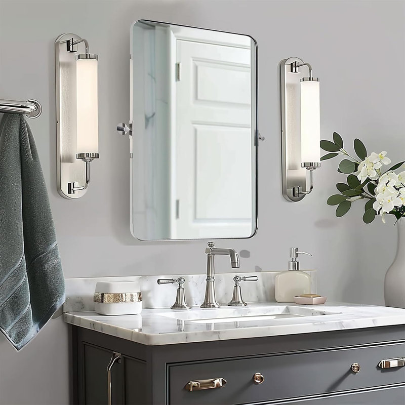 Modern Tilting Bathroom Vanity Wall Mirror | Stainless Steel Pivot Frame, Polished Chrome, 28" x 20"