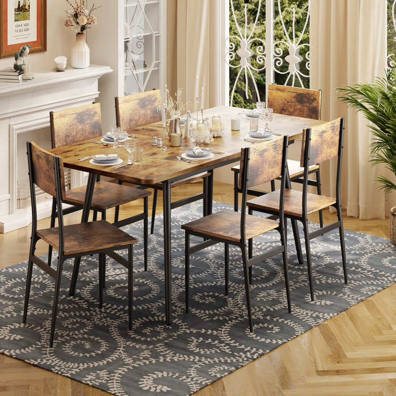 Deyton Modern 7-Piece Rectangular Expandable Dining Set with Wood Chairs, 63'' Table, Retro