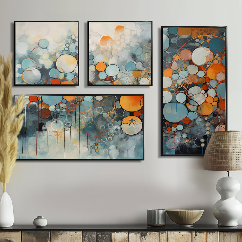 Illusions géométriques orange et bleues - 4 impressions sur toile géométriques abstraites, Noir