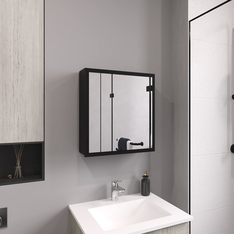 21.1" H X 19.7" W Mirror Cabinet For Bath And Kitchen, Black, 4 Interior Shelves & Towel Rack System Bathroom Kitchen With Mirror,