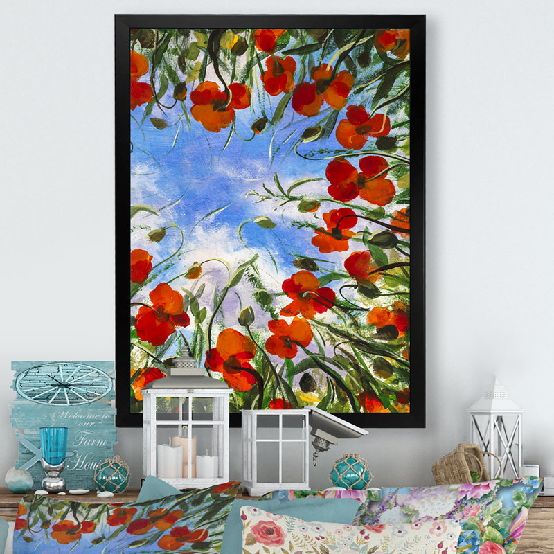 Fleurs de coquelicots rouges - peinture, Toile avec cadre photo noir, H 20 po x l 12 po x P 1 po