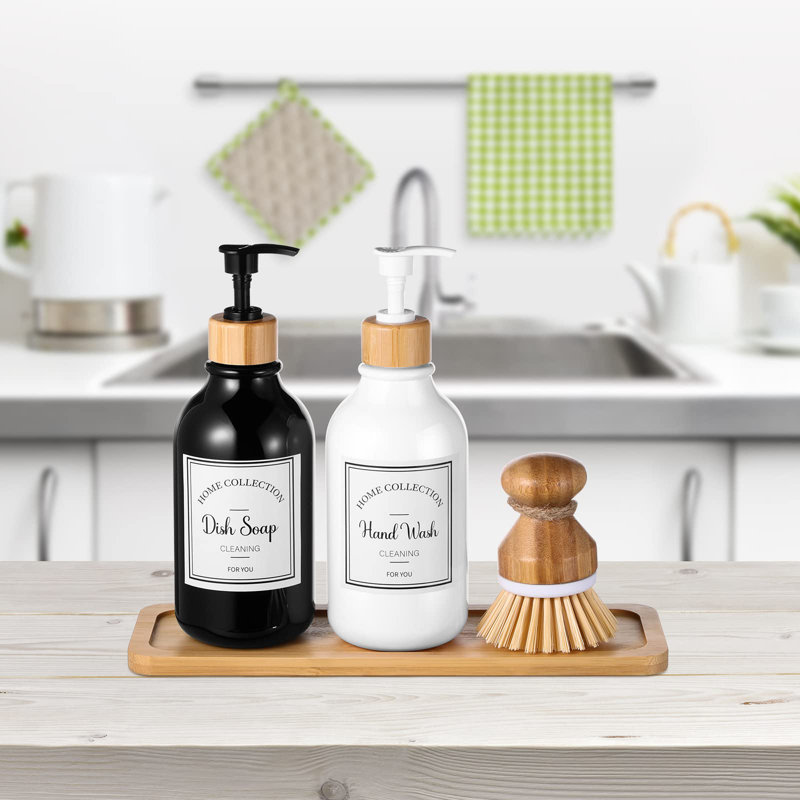 Ensemble de distributeur de savon de cuisine 4 pièces avec plateau en bambou et brosse à vaisselle en plastique 4 oz