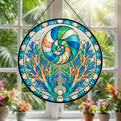 Colorful Spiral Shell And Coral Stained Glass Canvas Wall Art
