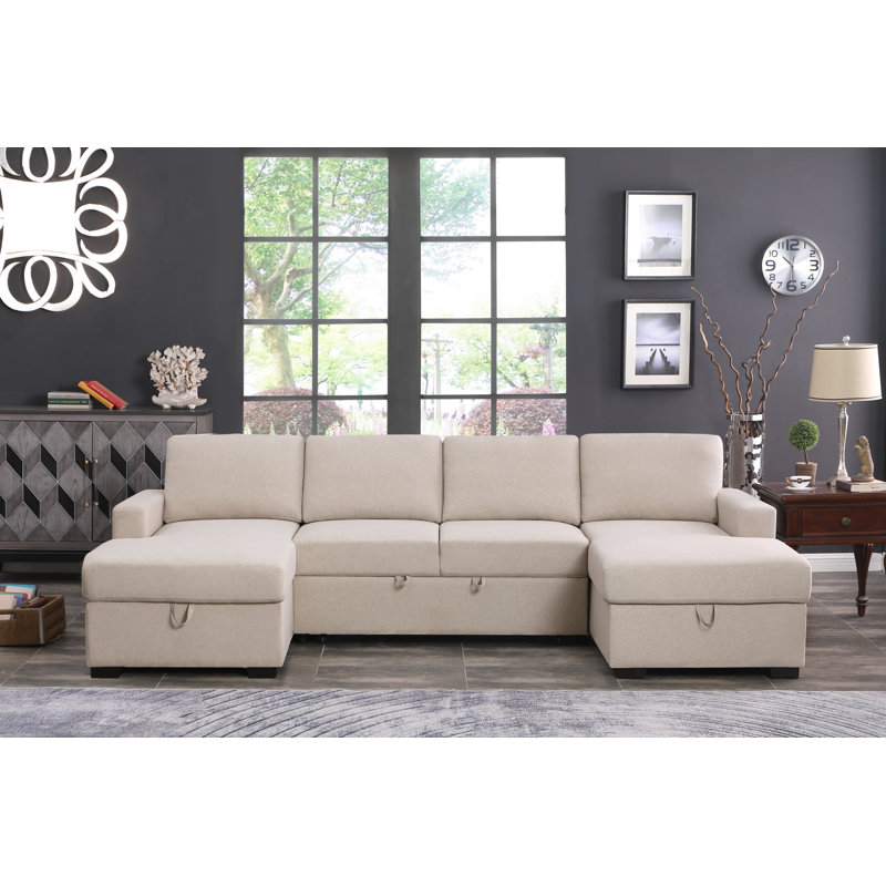 Upholstered U-Shaped Sectional Symmetrical, Beige Linen Blend