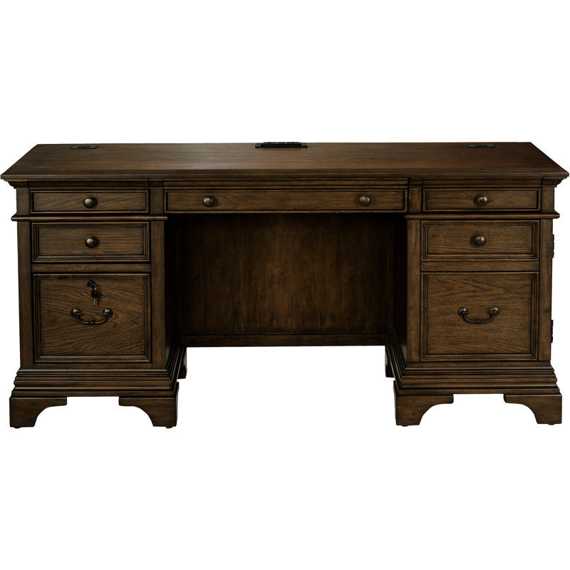 Chêne bruni, bureau à 5 tiroirs, espace de travail organisé, grain de bois, bureau rectangulaire en chêne avec tiroirs spacieux, design classique et élégant, 66 pouces de largeur, massif