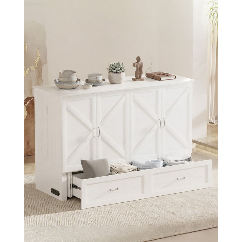 Queen Murphy Bed with Built In Chariging Station & 2 Drawers & Mattress, White, White
