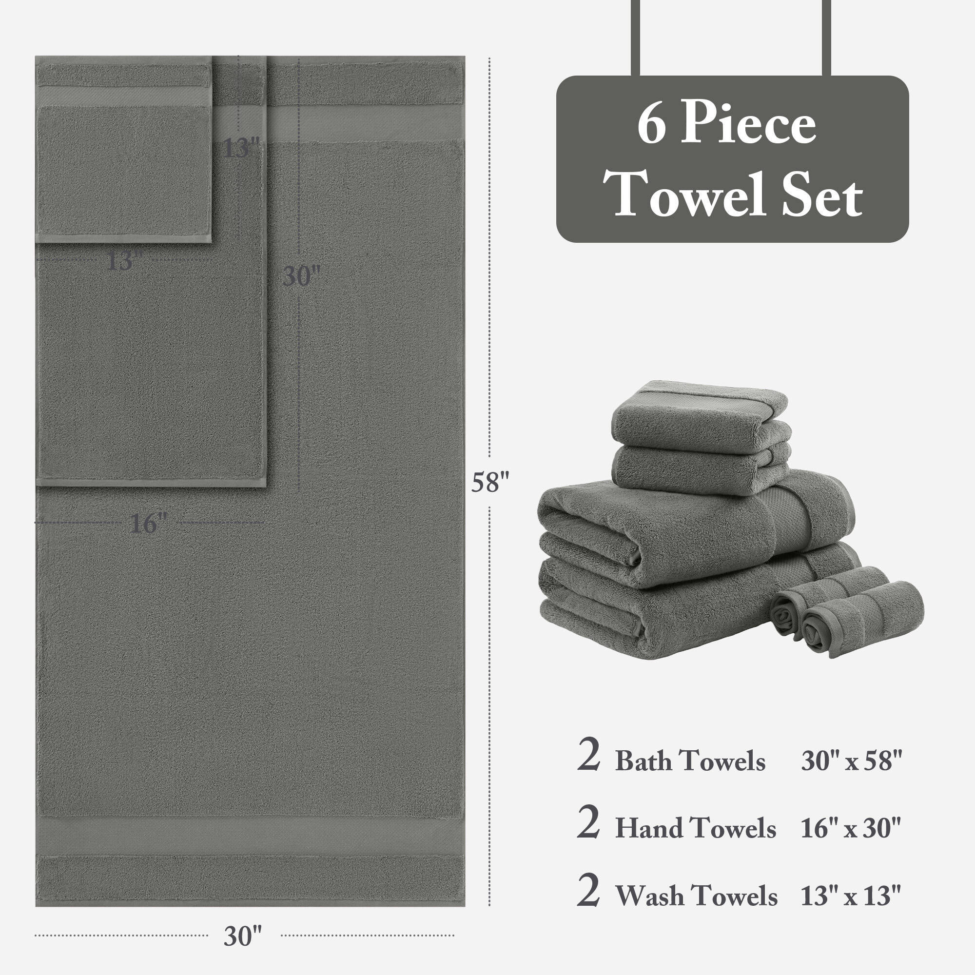 Turkish 100% Cotton Oversized Quick Dry Highly Absorbent Towel Set, Charcoal, Bath Sheets - 2 Pack