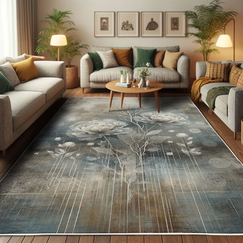 Blue and Gray Abstract Floral Synthetic Area Rug